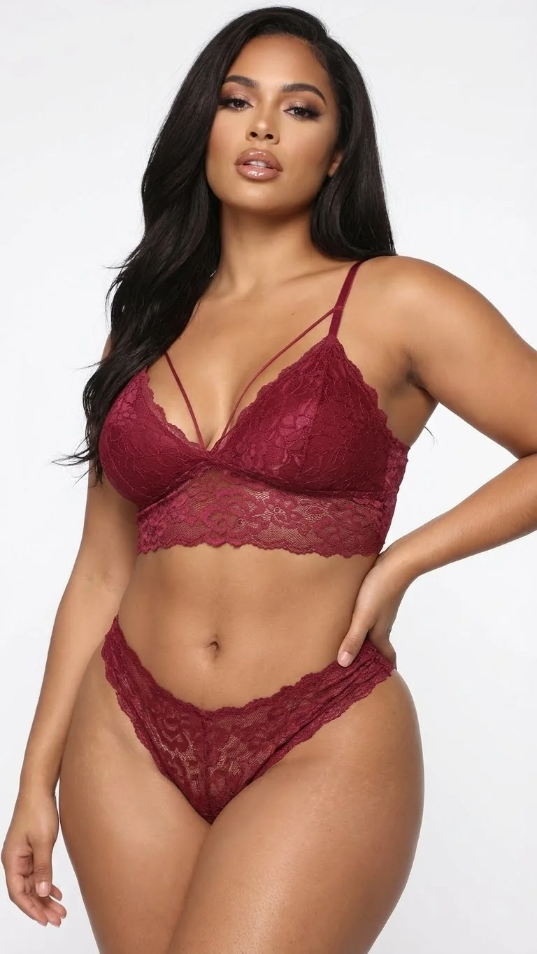 LunaIntim Bordo Strappy Dantel Bralet Göğüs Dekolteli Şeritli Büstiyer - Model Üzerinde